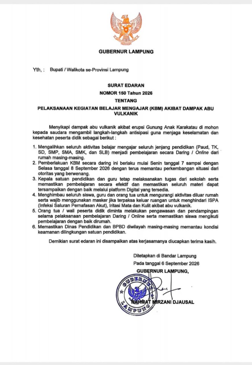 Dampak Abu Vulkanik Erupsi Gunung Anak Krakatau, Gubernur Lampung Alihkan KBM Menjadi Daring